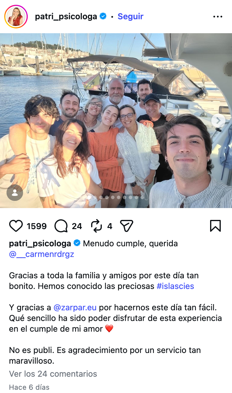 Publicación de Instagram de patri_psicologa recomendando Zarpar para un cumpleaños en barco