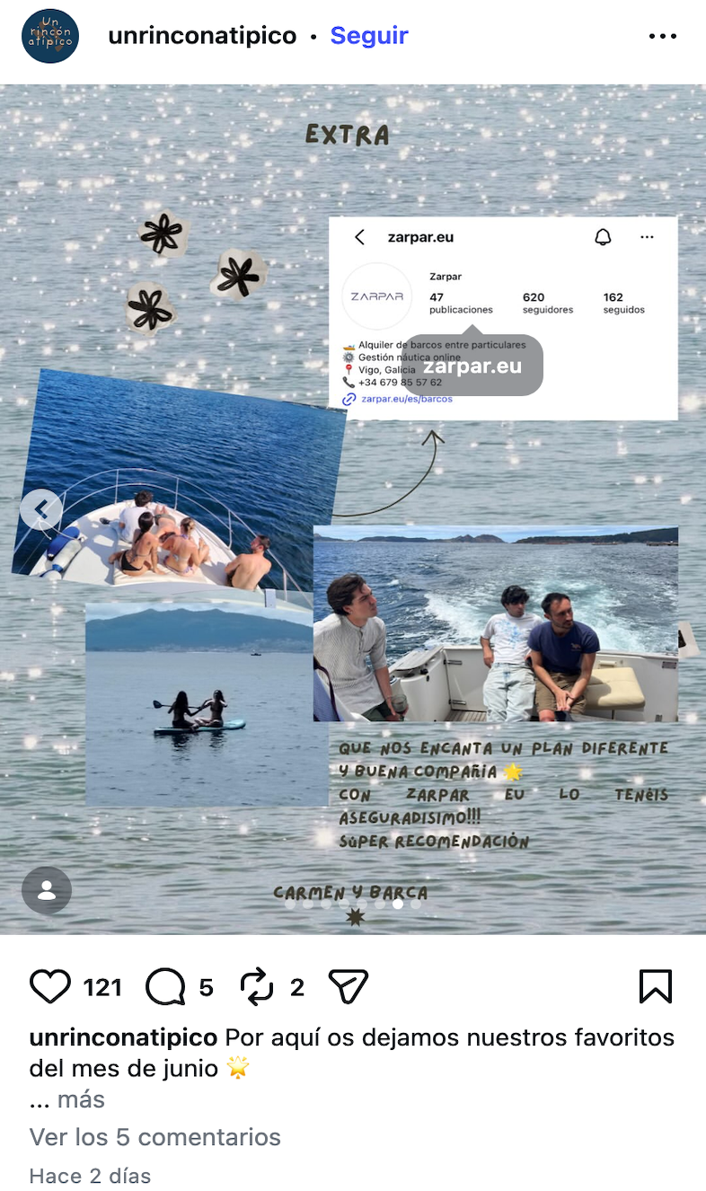 Publicación de Instagram de unrinconatipico destacando Zarpar como plan recomendado